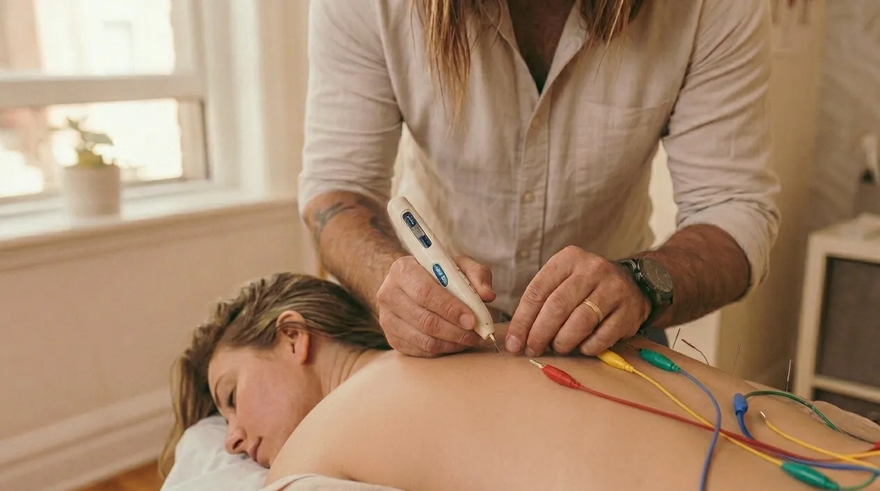 Dr. Truth Robinson performing motor point needling with electrostimulation at Ascend Acupuncture Byron Bay
